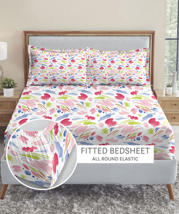 Soft Comfort King Fitted Bedsheet Set, Sweet Temptation|210 TC Cotton|2 Pillow Covers