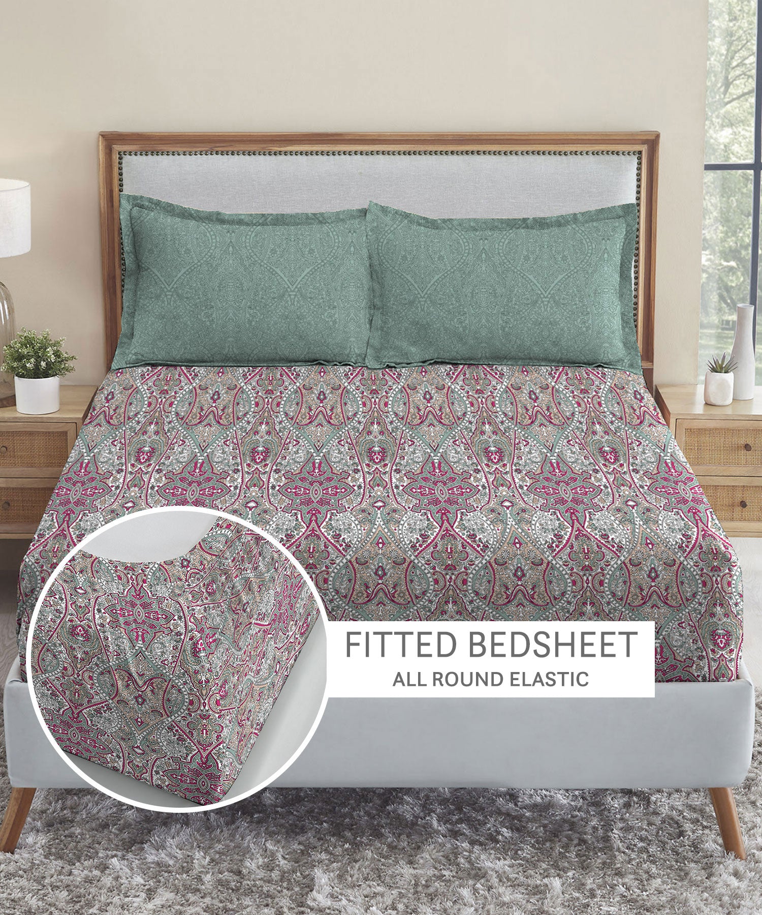 Soft Comfort King Fitted Bedsheet Set, Victoria|210TC Cotton|2 Pillow Covers