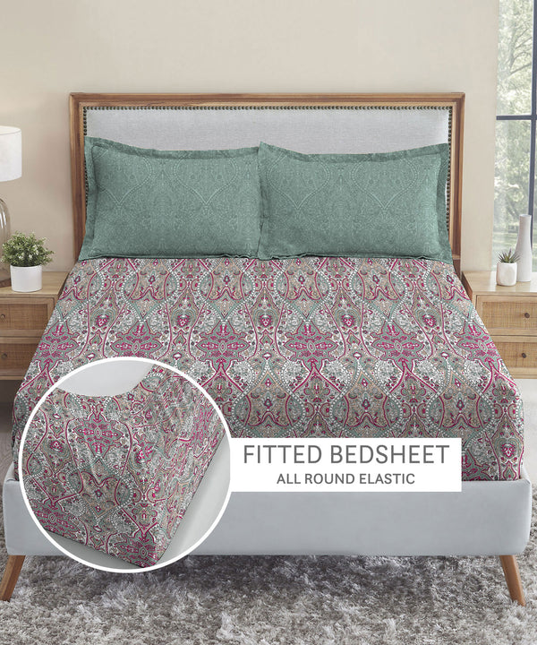 Soft Comfort King Fitted Bedsheet Set, Victoria|210TC Cotton|2 Pillow Covers