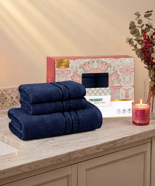 Moment Gold Towels 3Pc Set, Midnight Blue| 400GSM 100% Cotton