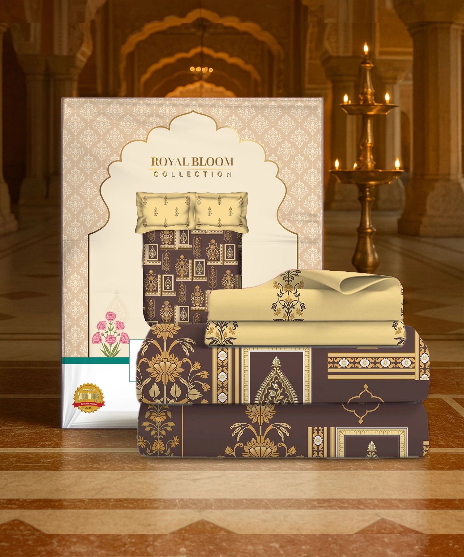 Home Essential Royal Bloom Queen Bedsheet Set, Mirabella Ochre | 144TC Cotton| 2 Pillow Covers