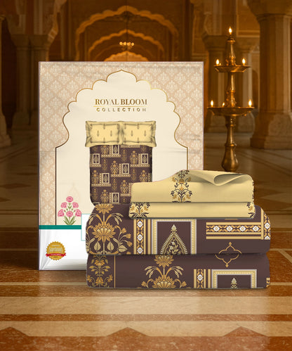 Home Essential Royal Bloom Queen Bedsheet Set, Mirabella Ochre | 144TC Cotton| 2 Pillow Covers