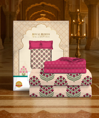 Home Essential Royal Bloom Queen Bedsheet Set, Dhalia Pink| 144TC Cotton| 2 Pillow Covers