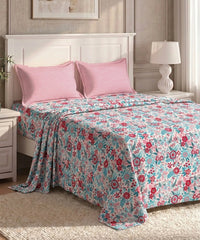 Urban Comfort Queen Bedsheet Set, Gardenia Blooms Pink|144 TC Cotton| 2 Pillow Covers