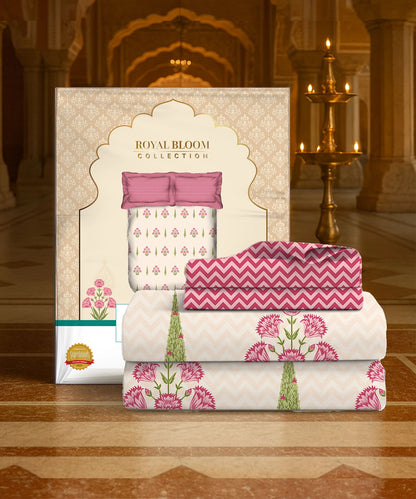 Home Essential Royal Bloom Queen Bedsheet Set, Raya Pink| 144TC Cotton| 2 Pillow Covers