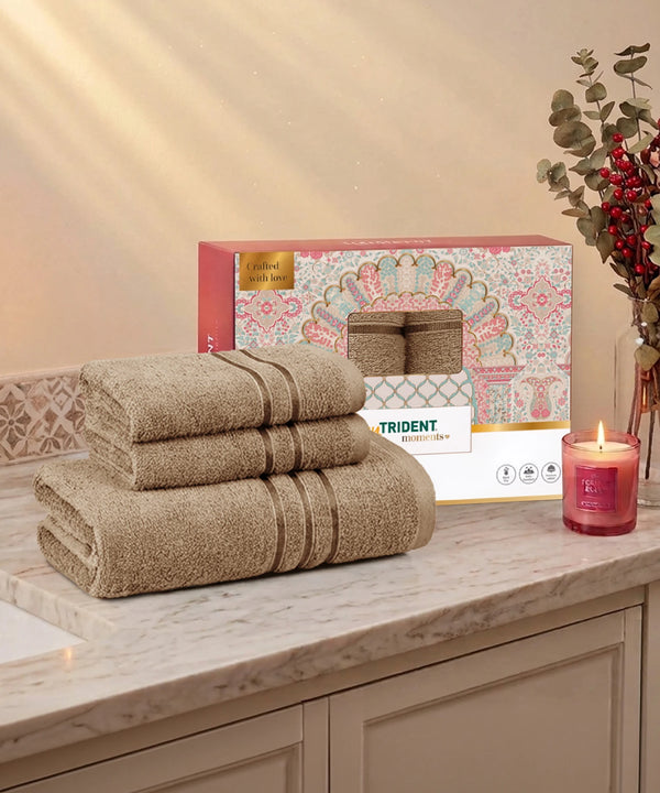 Moment Gold Towels 3Pc Set, Peanut Beige | 400GSM 100% Cotton