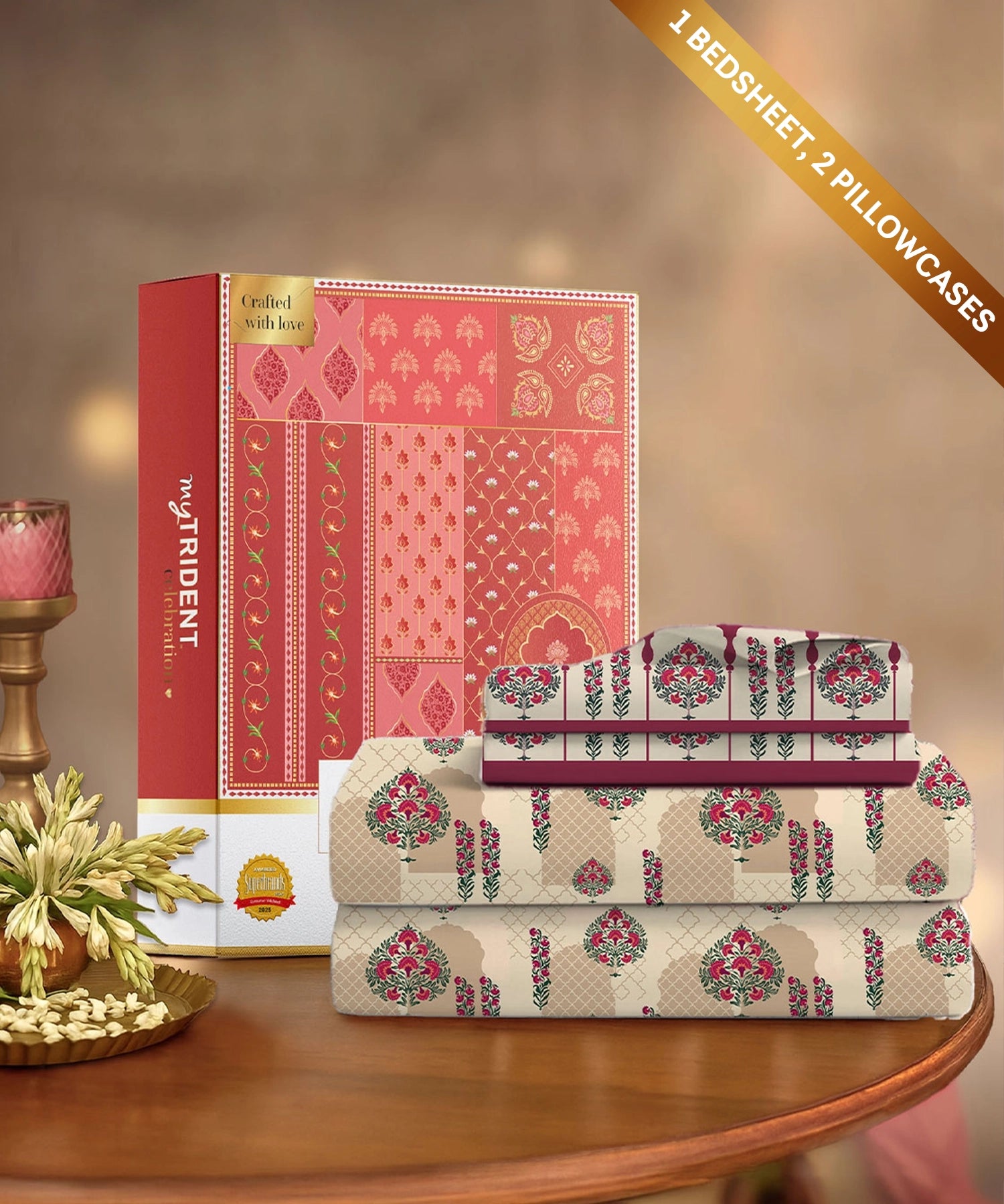 Celebration Queen Bedsheet Set, Ruhani Majenta | 144 TC Cotton| 2 Pillow Covers
