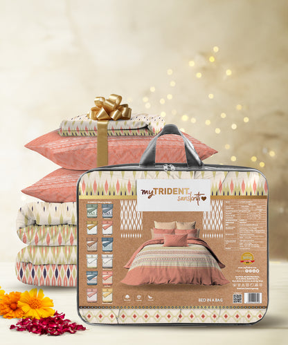 Sanskriti Ikkat Peach Bedding Set, 144 TC, Ornamental, Orange