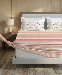 Soft Comfort King Fitted Bedsheet Set, Bloom Era |200TC Cotton|2 Pillow Covers