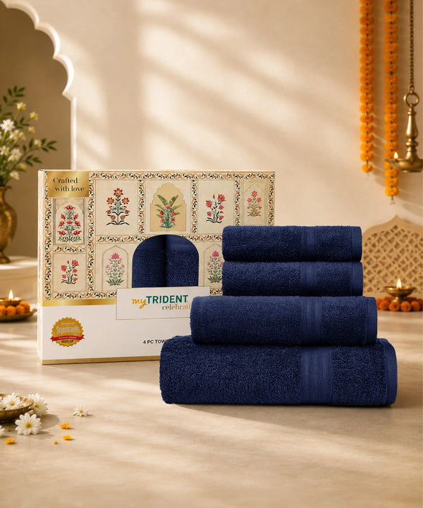 Celebration Towels 4Pc set, Regal Blue | 450GSM, 100% Cotton