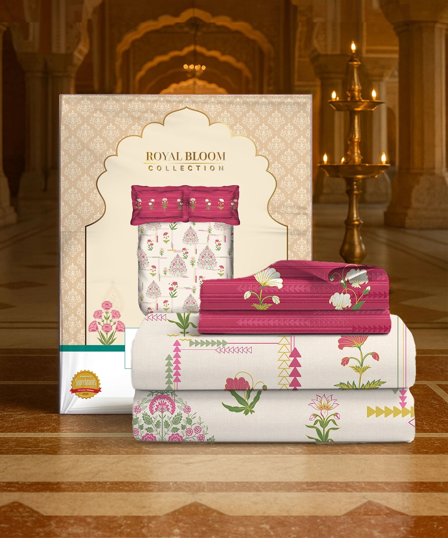 Home Essential Royal Bloom Queen Bedsheet Set, Gilded Dream Pink| 144TC Cotton| 2 Pillow Covers
