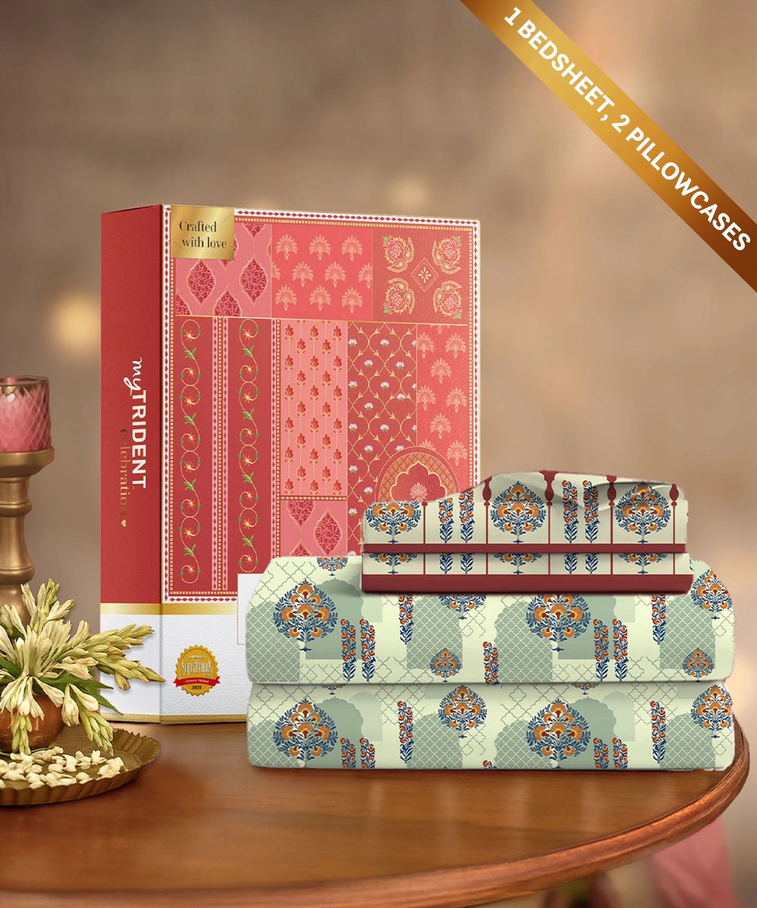 Celebration Queen Bedsheet Set, Ruhani Orange | 144 TC Cotton| 2 Pillow Covers
