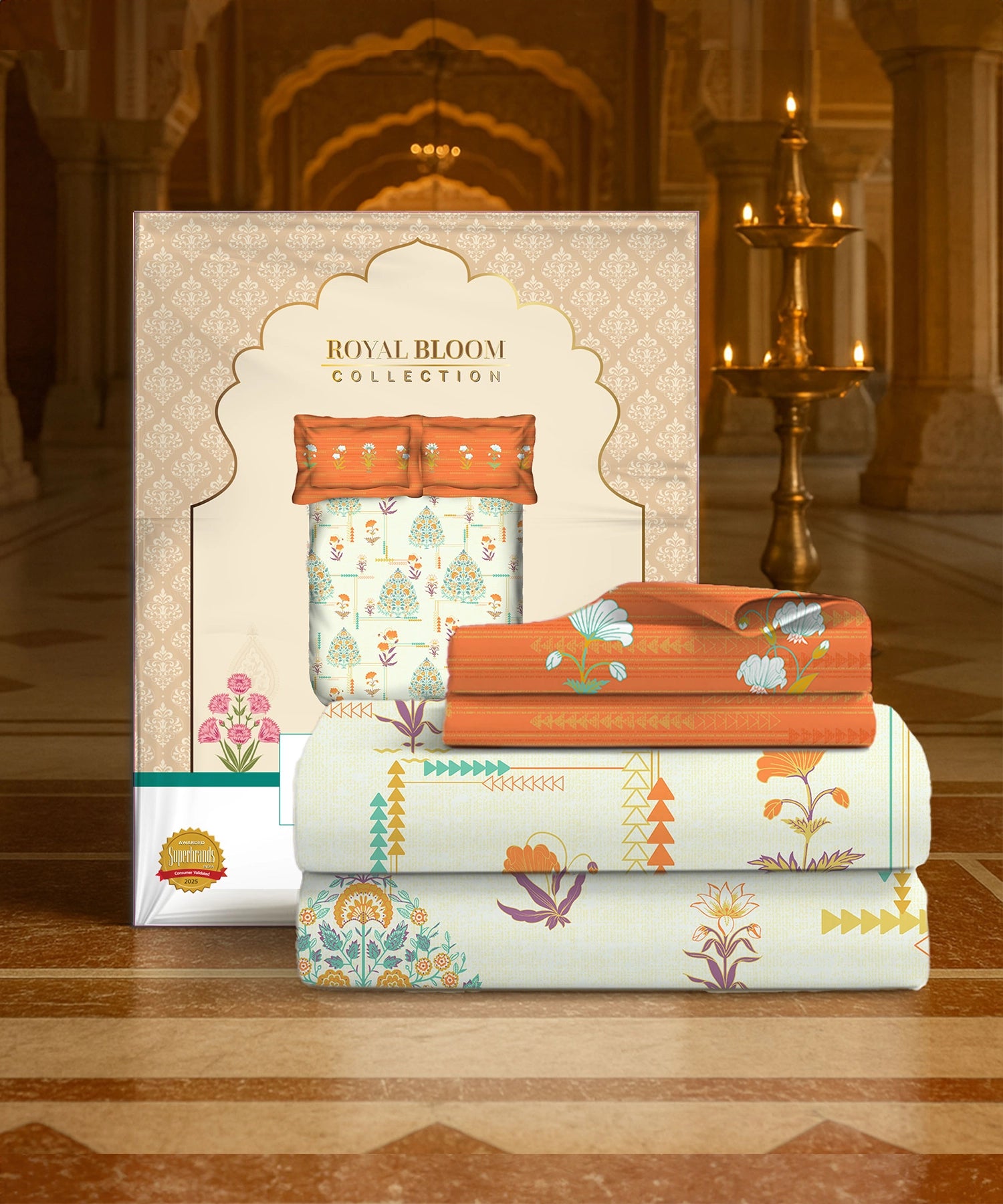 Home Essential Royal Bloom Queen Bedsheet Set, Gilded Dream Orange| 144TC Cotton| 2 Pillow Covers