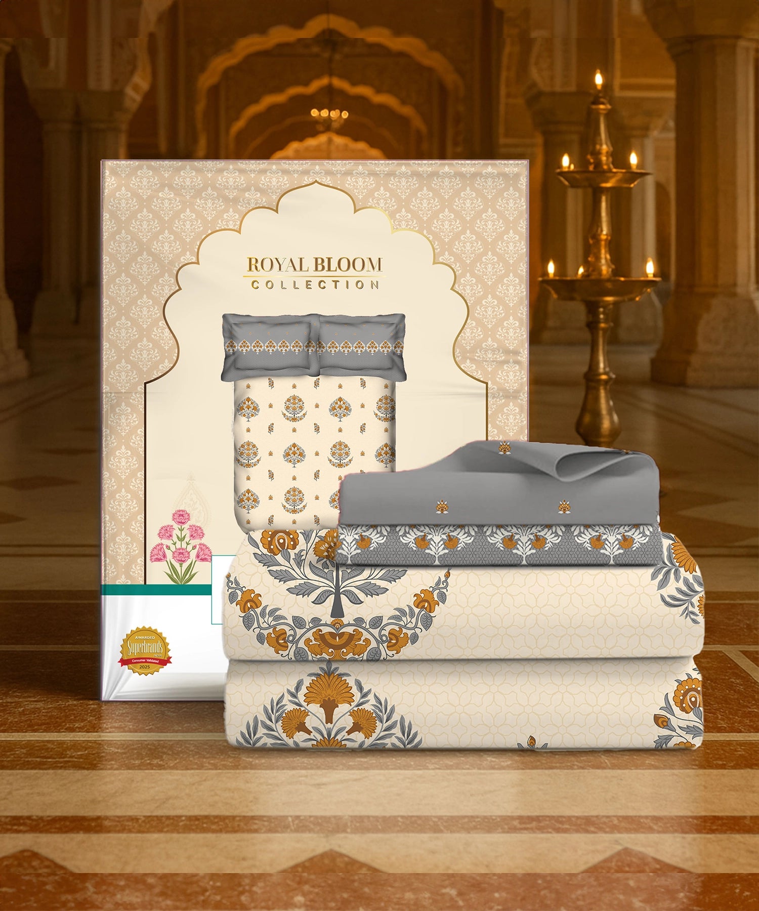 Home Essential Royal Bloom Queen Bedsheet Set, Lindon Grey| 144TC Cotton| 2 Pillow Covers