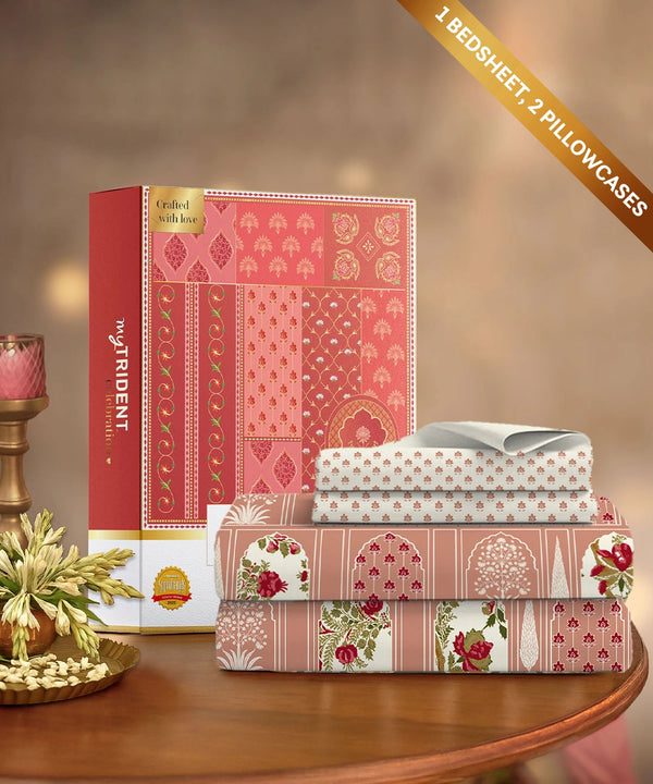 Celebration Queen Bedsheet Set, Aangan Coral| 144 TC Cotton| 2 Pillow Covers