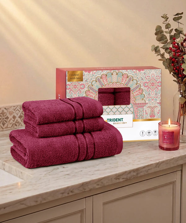 Moment Gold Towels 3Pc Set, Pomegranate | 400GSM 100% Cotton