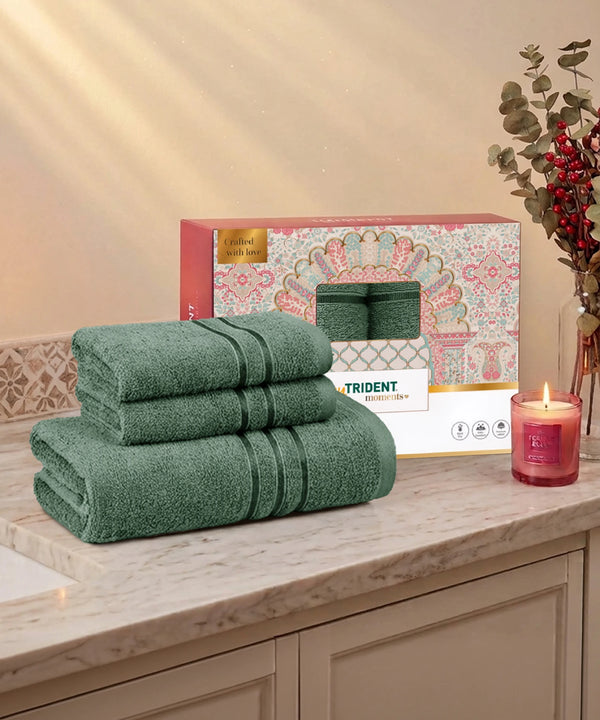 Moment Gold Towels 3Pc Set, Dark Sage | 400GSM 100% Cotton