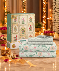Celebration Printed Double Bedsheet, Kantha Teal|144 TC|2 Pillow Covers