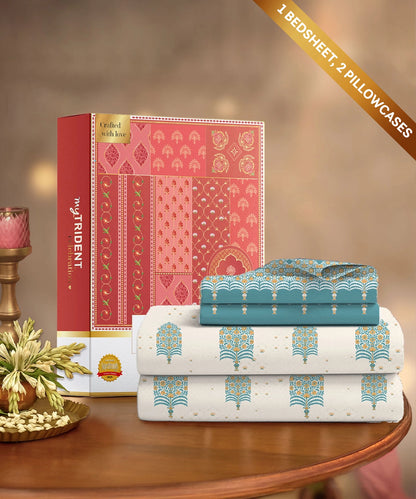 Celebration Queen Bedsheet Set, Saanjh Teal | 144 TC Cotton| 2 Pillow Covers