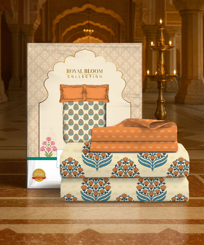 Home Essential Royal Bloom Queen Bedsheet Set, Dhalia Orange| 144TC Cotton| 2 Pillow Covers