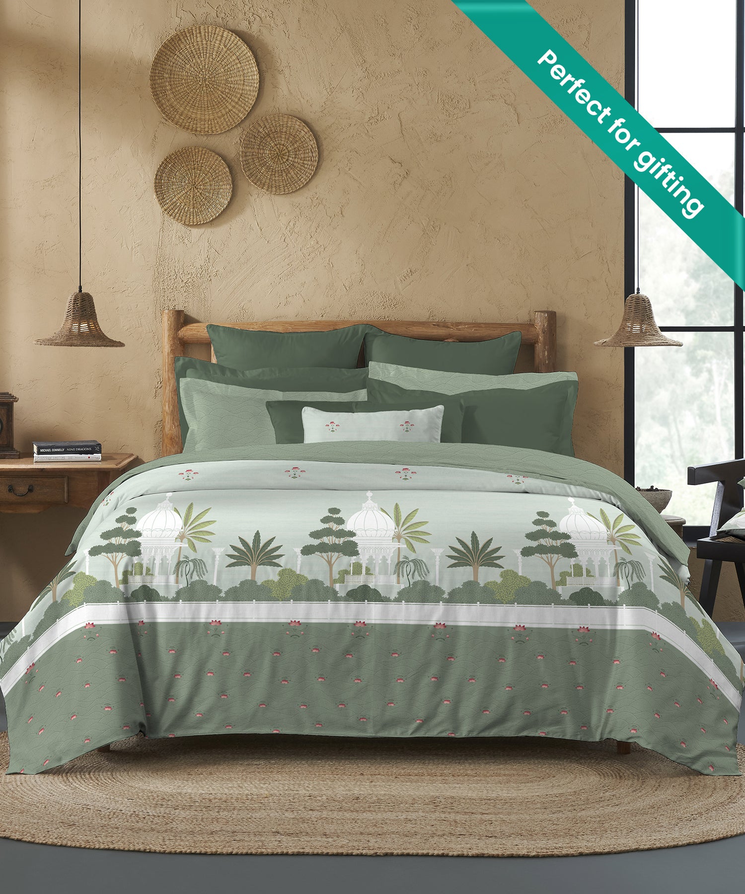 Sanskriti Pichwai Green Bedding Set, 144 TC, Ornamental, Green