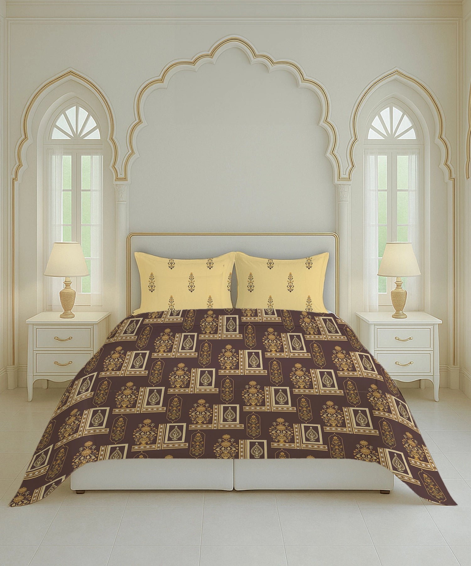 Home Essential Royal Bloom Queen Bedsheet Set, Mirabella Ochre | 144TC Cotton| 2 Pillow Covers
