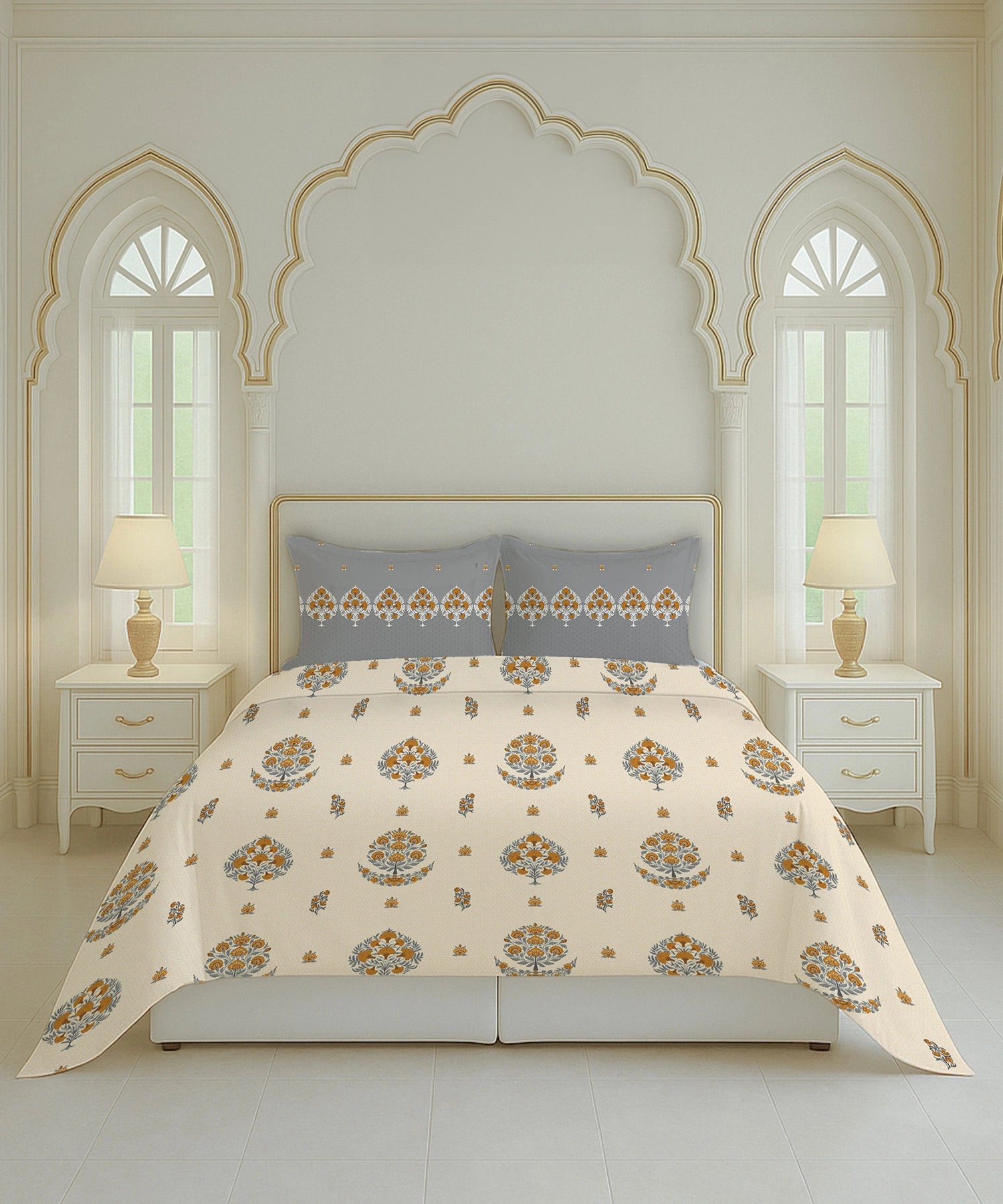 Home Essential Royal Bloom Queen Bedsheet Set, Lindon Grey| 144TC Cotton| 2 Pillow Covers