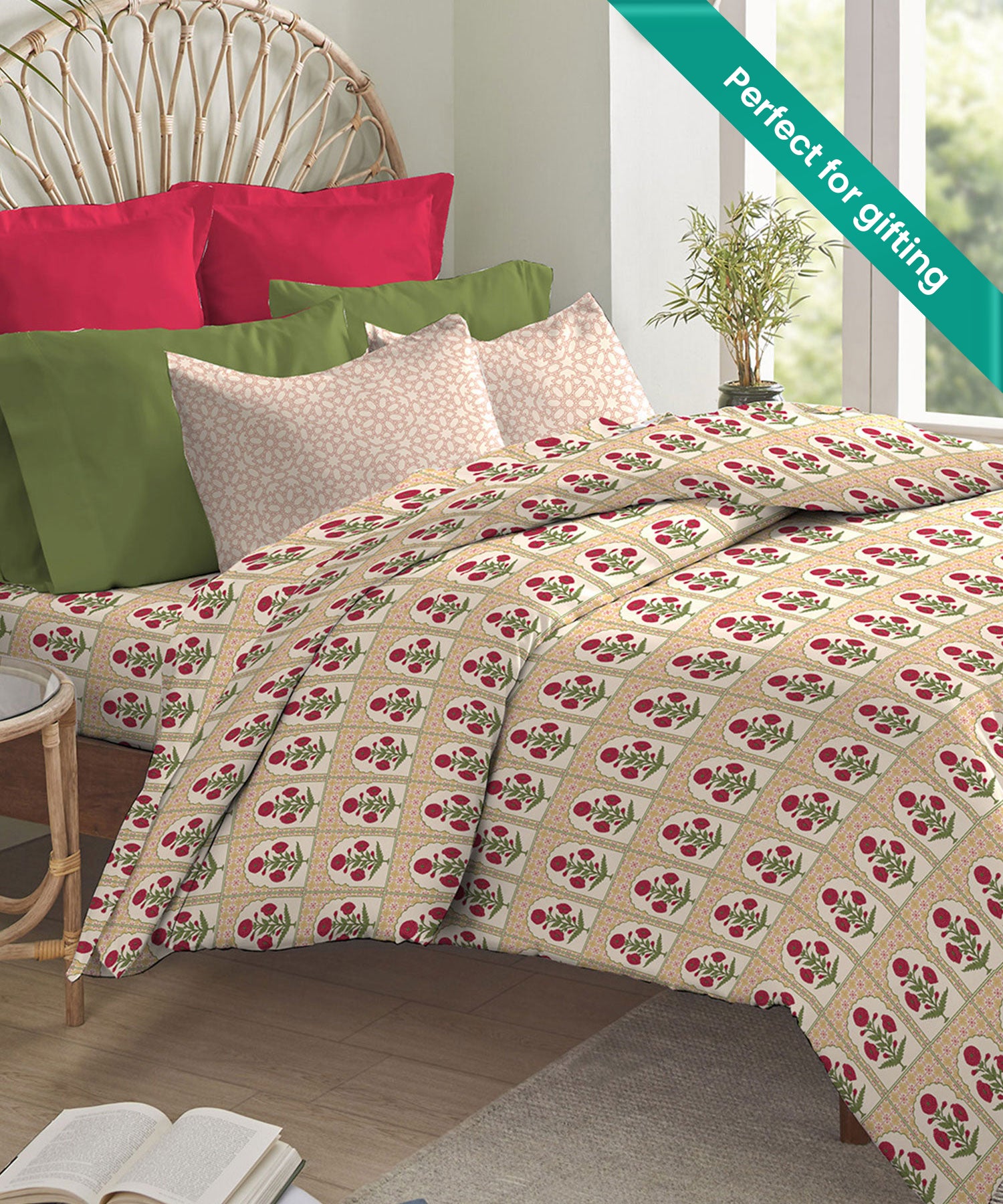 Earth Lover Gulmohar King Bedsheet With 2 Pillow Cover Gift Set, 144TC, 100% Cotton, Floral, Red