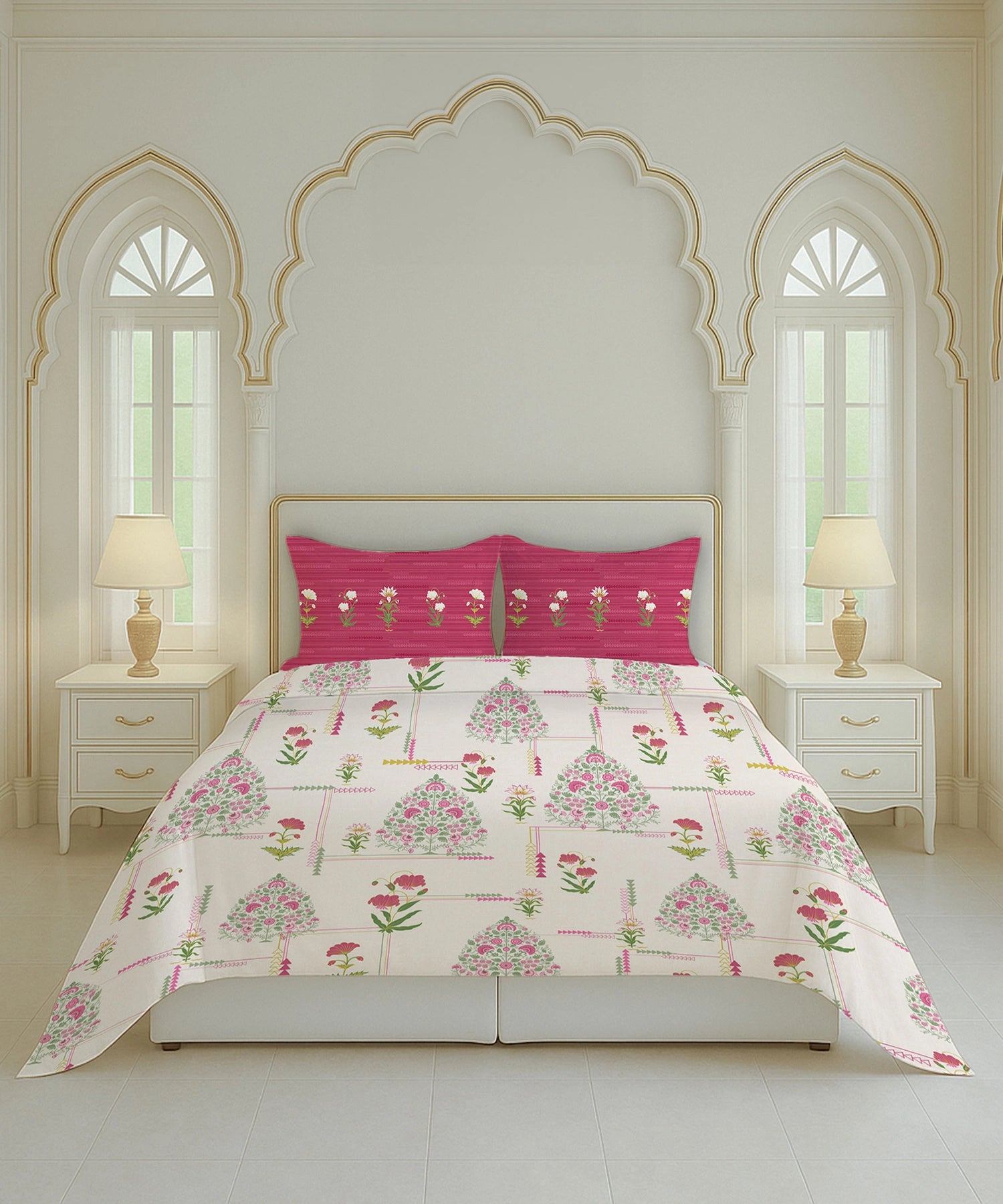 Home Essential Royal Bloom Queen Bedsheet Set, Gilded Dream Pink| 144TC Cotton| 2 Pillow Covers