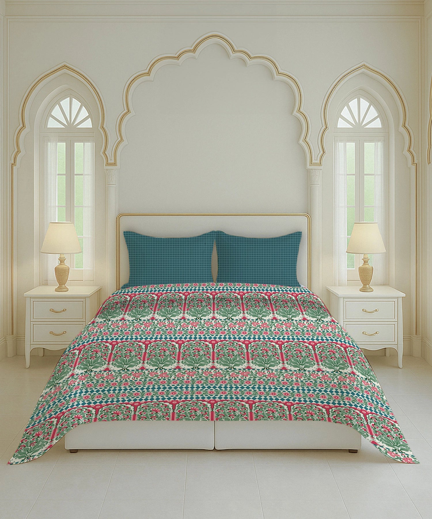 Home Essential Royal Bloom Queen Bedsheet Set, Rosario Teal| 144TC Cotton| 2 Pillow Covers