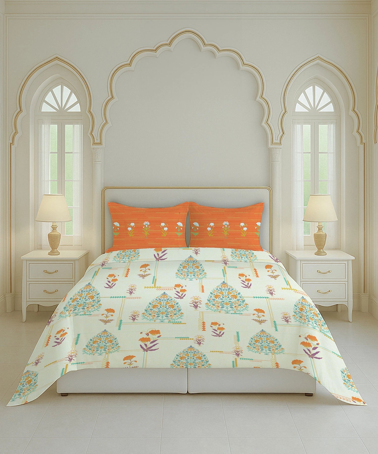 Home Essential Royal Bloom Queen Bedsheet Set, Gilded Dream Orange| 144TC Cotton| 2 Pillow Covers