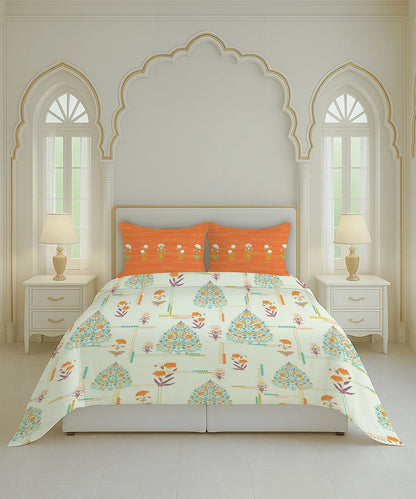 Home Essential Royal Bloom Queen Bedsheet Set, Gilded Dream Orange| 144TC Cotton| 2 Pillow Covers