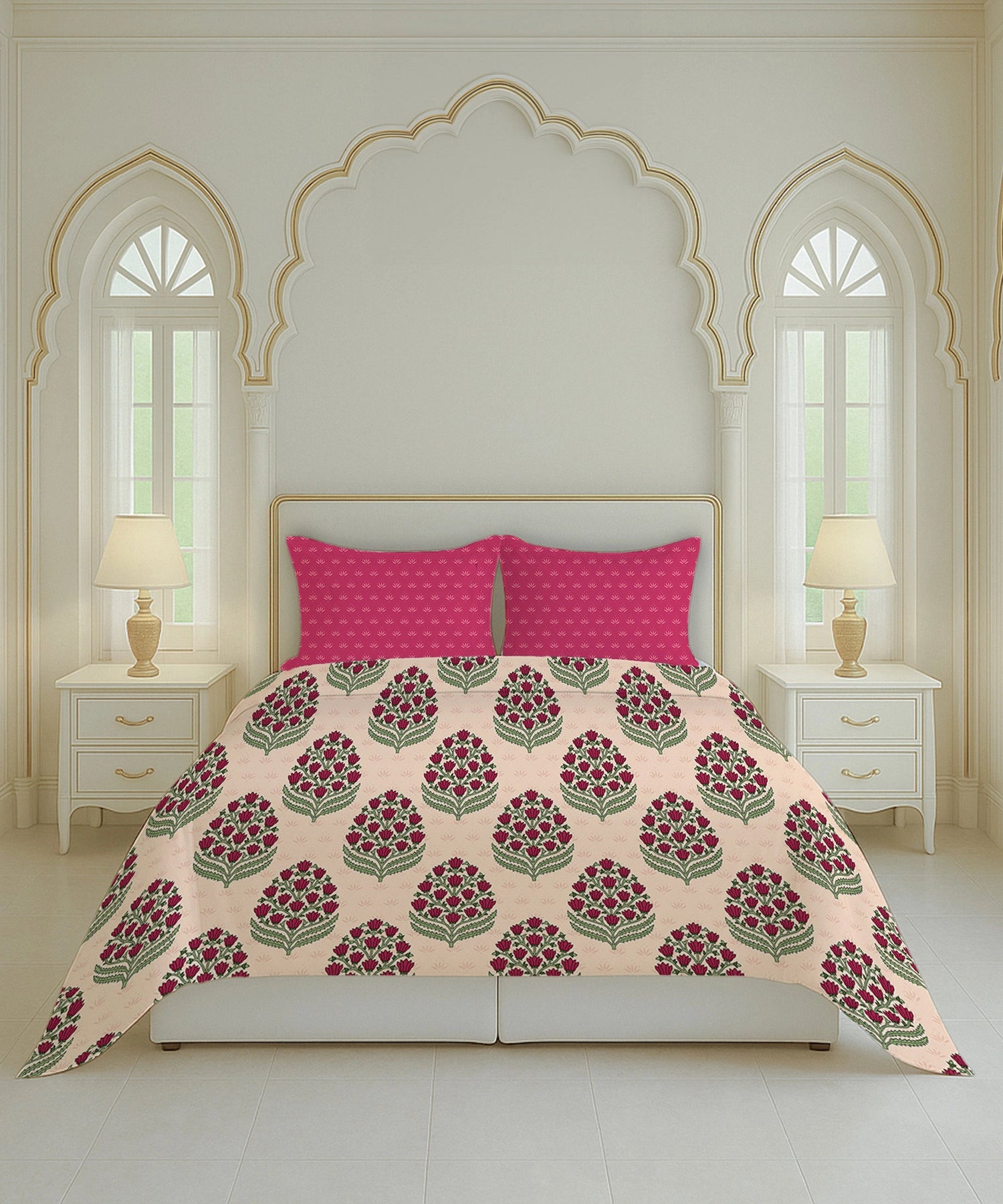 Home Essential Royal Bloom Queen Bedsheet Set, Dhalia Pink| 144TC Cotton| 2 Pillow Covers