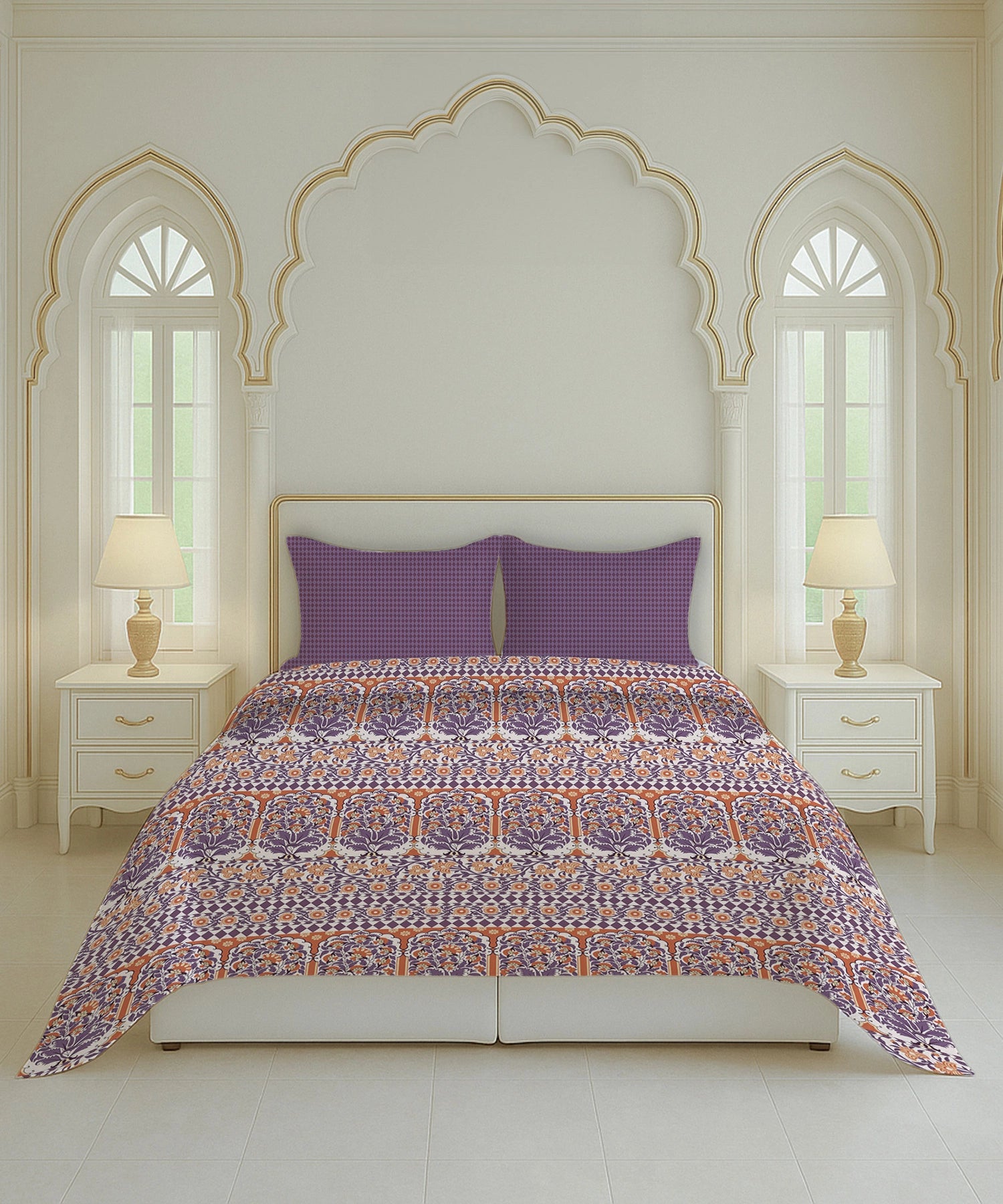 Home Essential Royal Bloom Queen Bedsheet Set, Rosario Purple| 144TC Cotton| 2 Pillow Covers