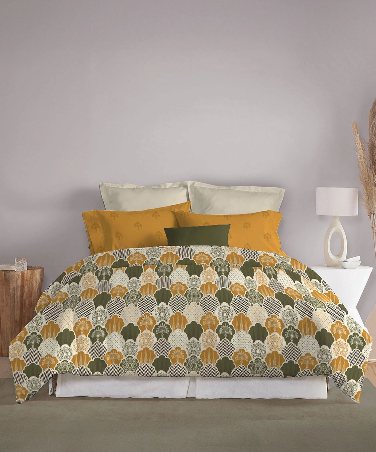 Celebration Queen Bedsheet Set, Mehfil Mustard | 144 TC Cotton| 2 Pillow Covers