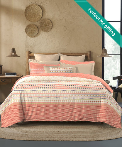 Sanskriti Ikkat Peach Bedding Set, 144 TC, Ornamental, Orange