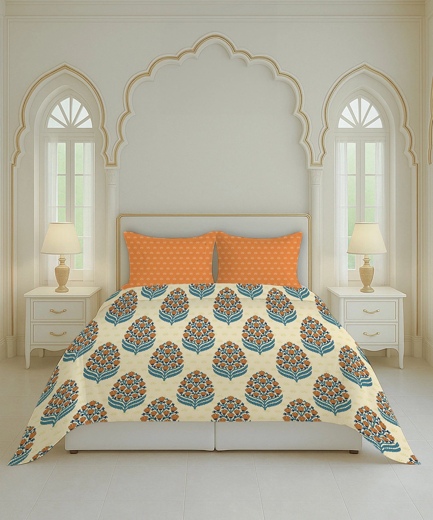 Home Essential Royal Bloom Queen Bedsheet Set, Dhalia Orange| 144TC Cotton| 2 Pillow Covers