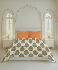 Home Essential Royal Bloom Queen Bedsheet Set, Dhalia Orange| 144TC Cotton| 2 Pillow Covers