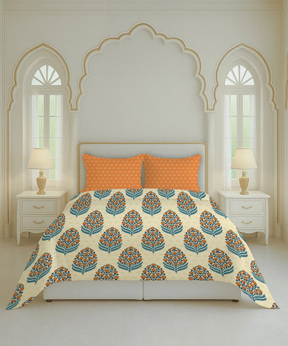 Home Essential Royal Bloom Queen Bedsheet Set, Dhalia Orange| 144TC Cotton| 2 Pillow Covers