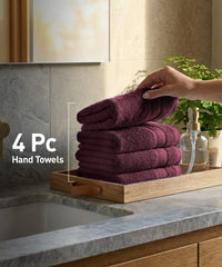 Soft Comfort 4Pc Hand Towel Set, Red Wine|509 GSM Cotton|Air Rich Technology