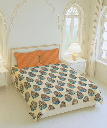 Home Essential Royal Bloom Queen Bedsheet Set, Dhalia Orange| 144TC Cotton| 2 Pillow Covers