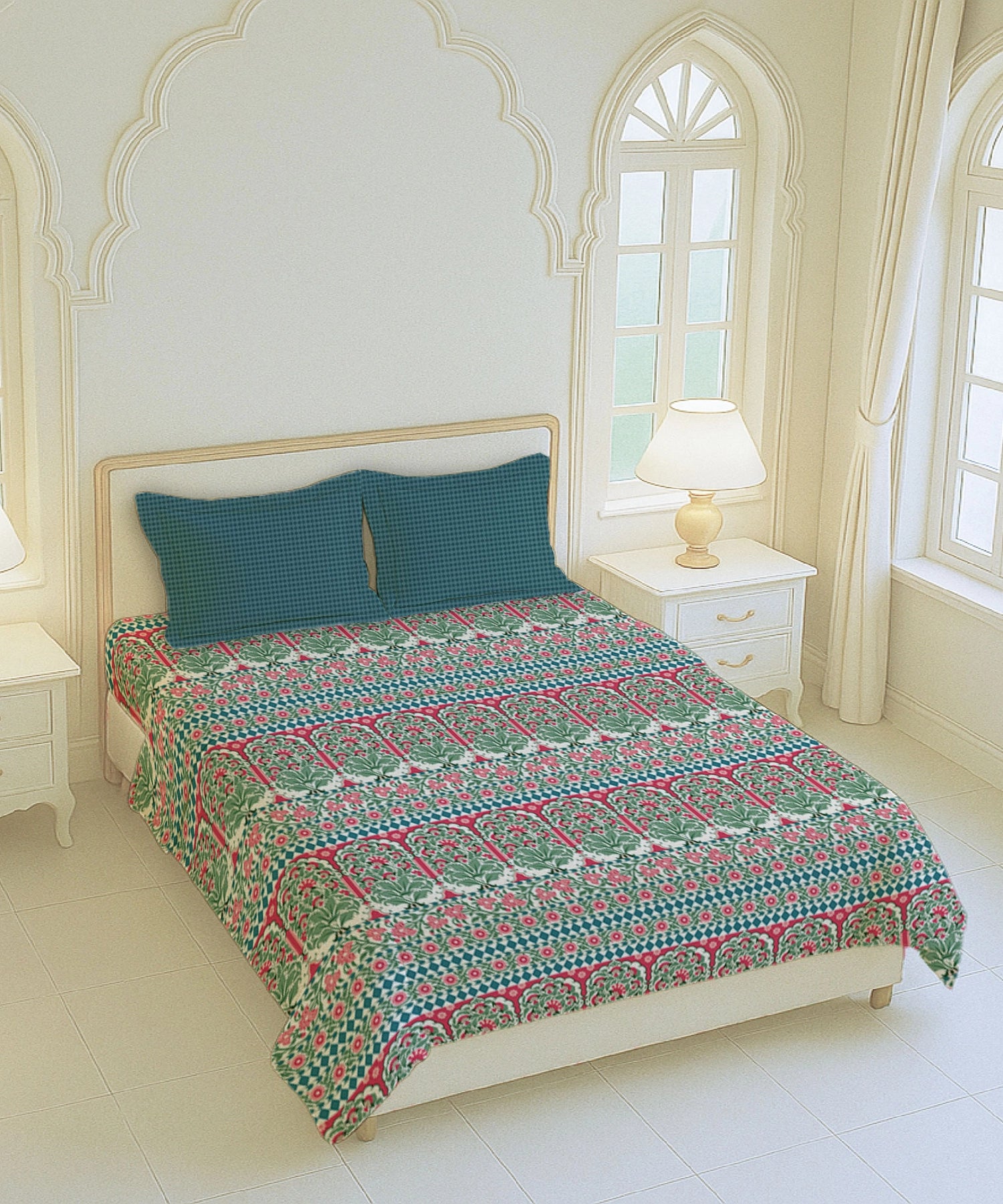 Home Essential Royal Bloom Queen Bedsheet Set, Rosario Teal| 144TC Cotton| 2 Pillow Covers