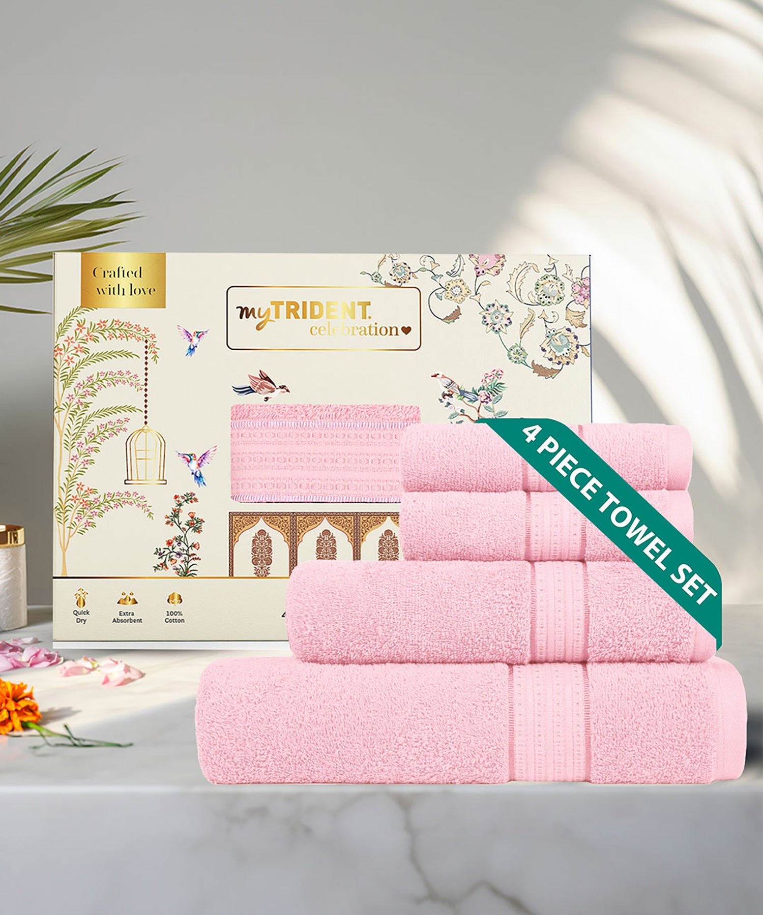 Celebration Powder Pink 4Pc Set Towel Gift Set, 450 Gsm, 100% Cotton, Solid