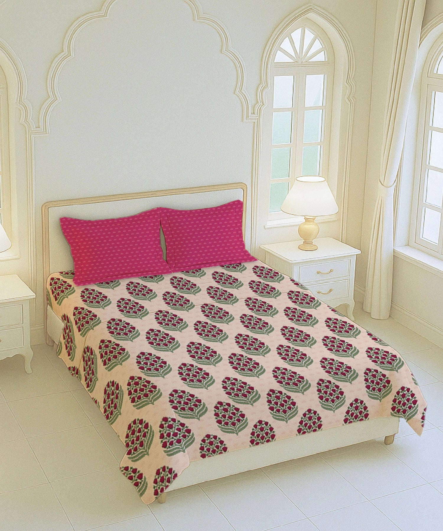 Home Essential Royal Bloom Queen Bedsheet Set, Dhalia Pink| 144TC Cotton| 2 Pillow Covers