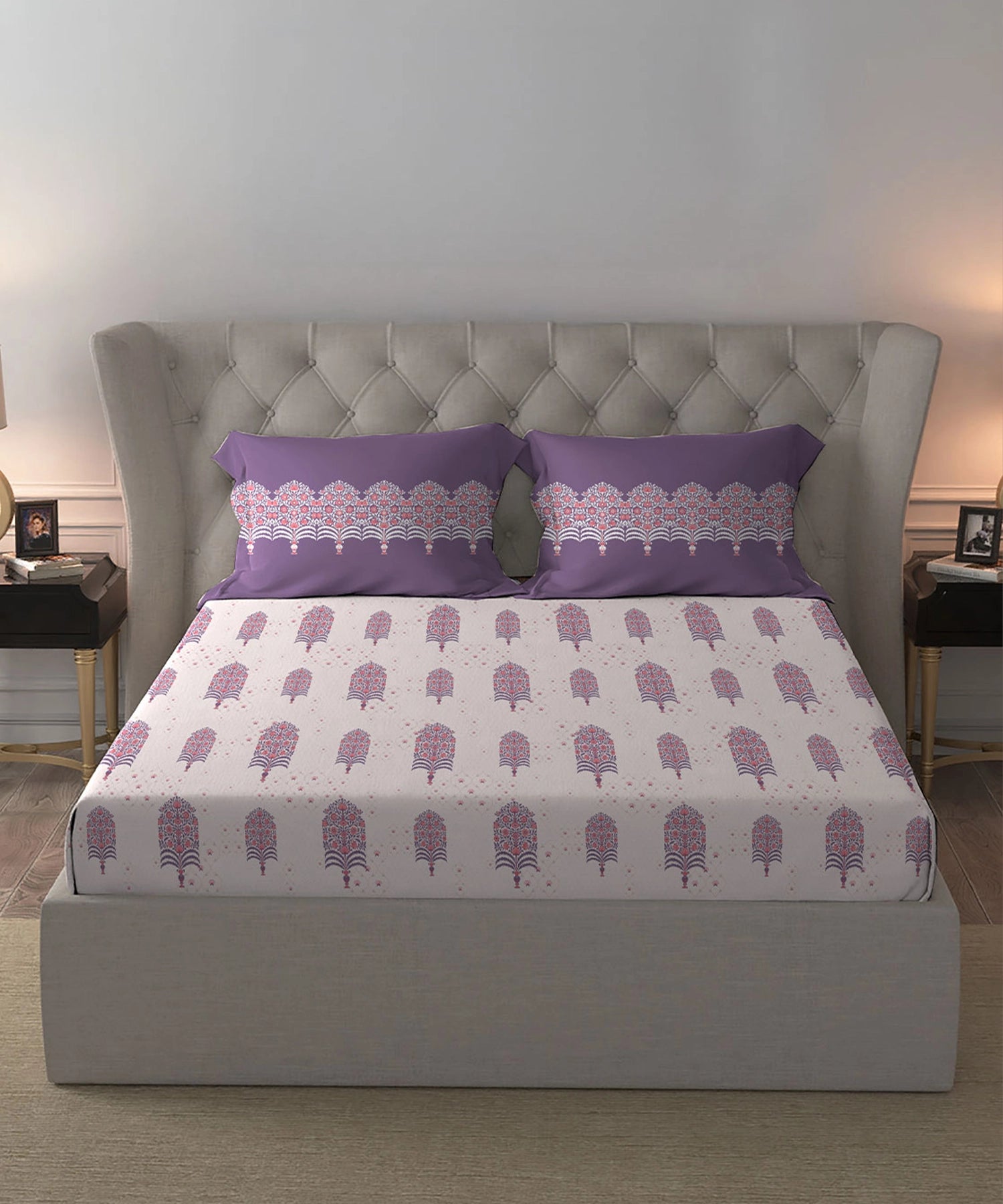 Celebration Queen Bedsheet Set, Saanjh Purple | 144 TC Cotton| 2 Pillow Covers