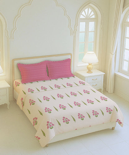 Home Essential Royal Bloom Queen Bedsheet Set, Raya Pink| 144TC Cotton| 2 Pillow Covers