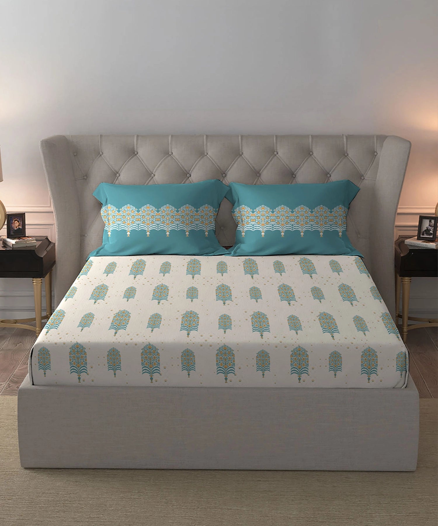 Celebration Queen Bedsheet Set, Saanjh Teal | 144 TC Cotton| 2 Pillow Covers