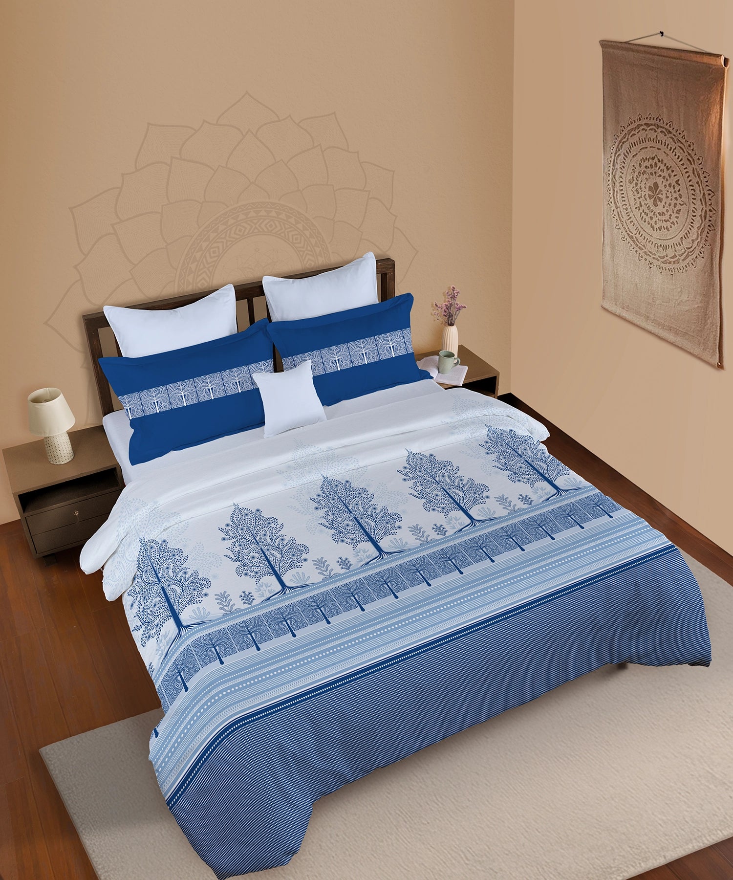 Classic Prakriti King Bedsheet Set, Neelgiri|210 TC Cotton|2 Pillow Covers