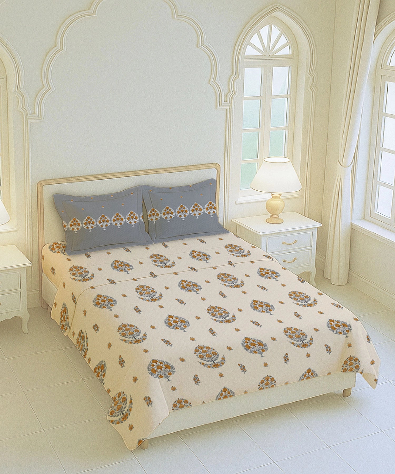 Home Essential Royal Bloom Queen Bedsheet Set, Lindon Grey| 144TC Cotton| 2 Pillow Covers