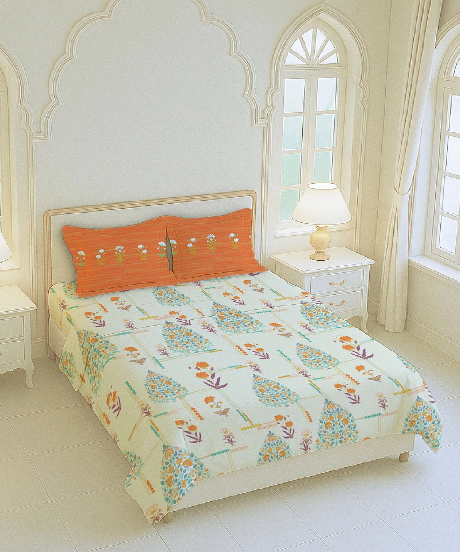 Home Essential Royal Bloom Queen Bedsheet Set, Gilded Dream Orange| 144TC Cotton| 2 Pillow Covers